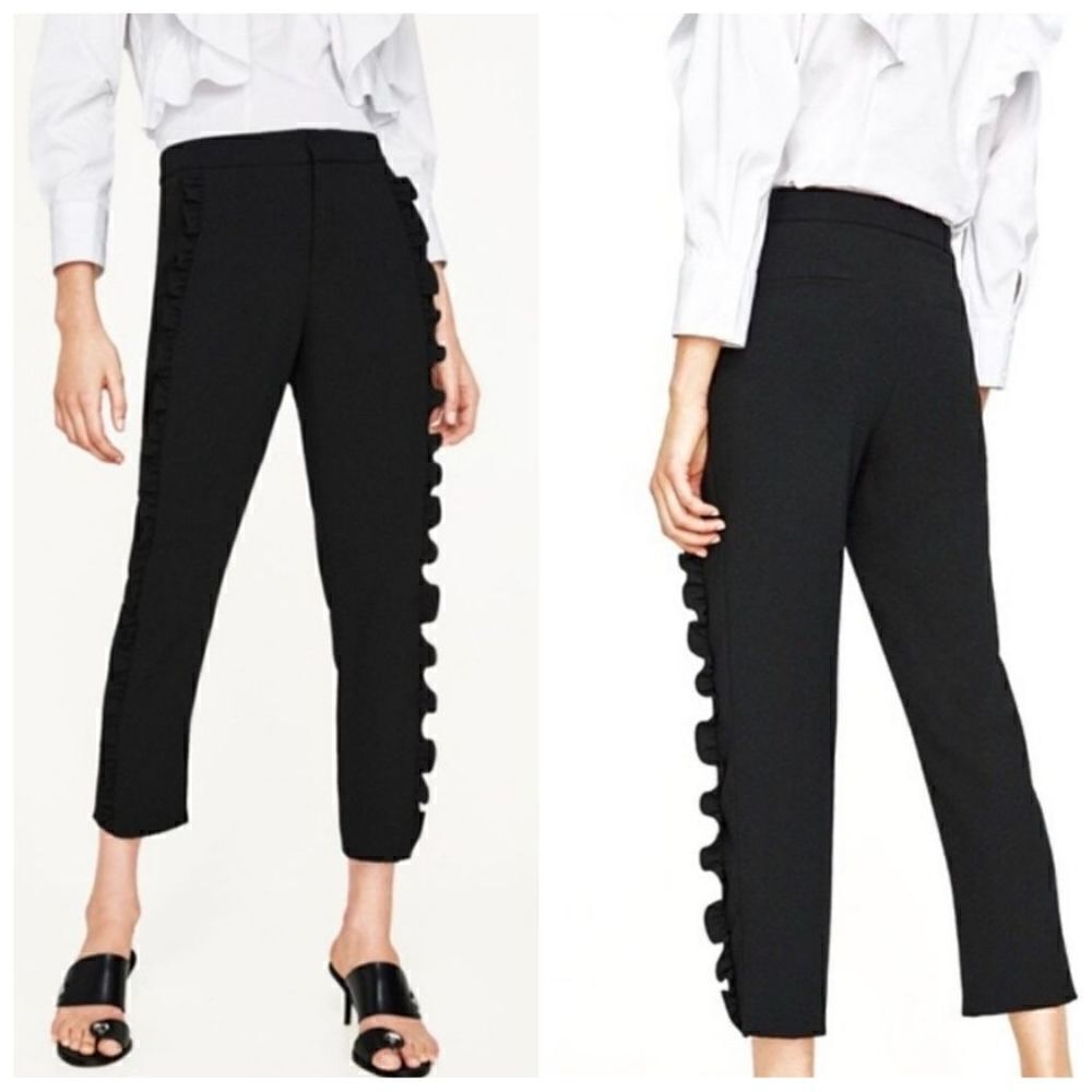 Zara Black Ruffle Sides Details Trousers Pants Size Large